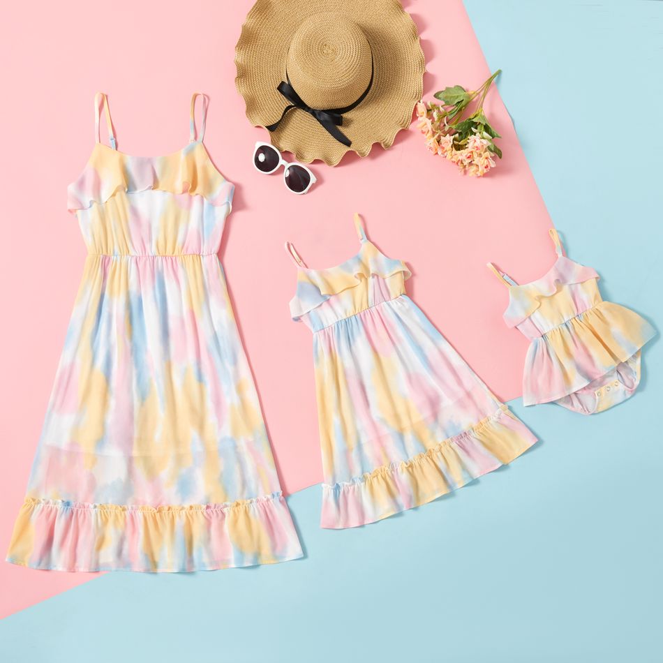 Tie Dye Ruffled Matching Sling Dresses Multi-color