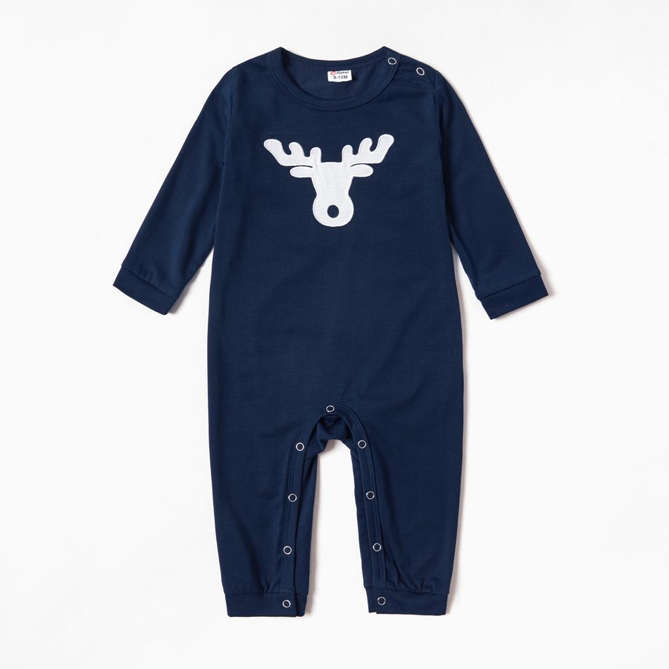 Family Matching Reindeer Print Christmas Pajamas Sets (Flame Resistant) Dark Blue big image 7