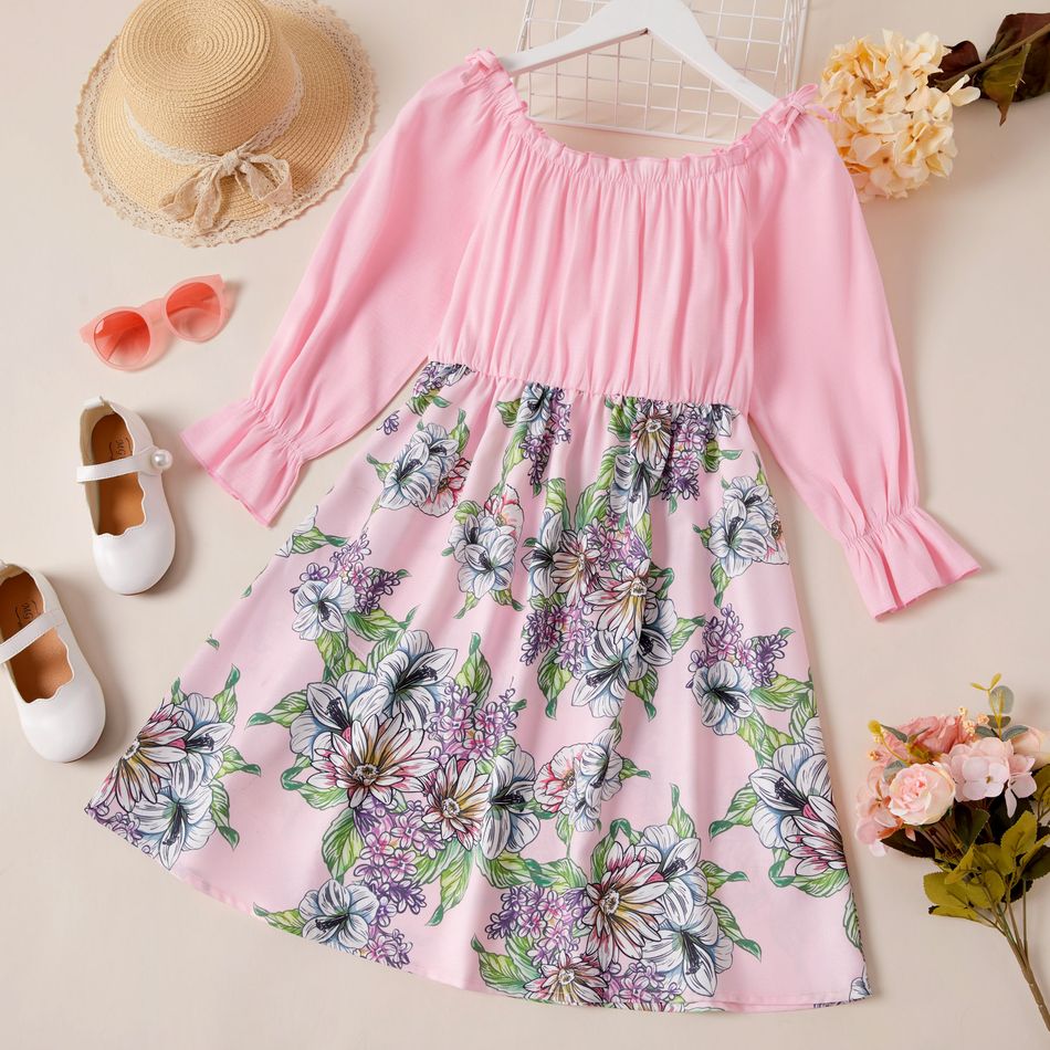 Kid Girl Ruffled Long-sleeve Floral Print Stitching Dress Pink