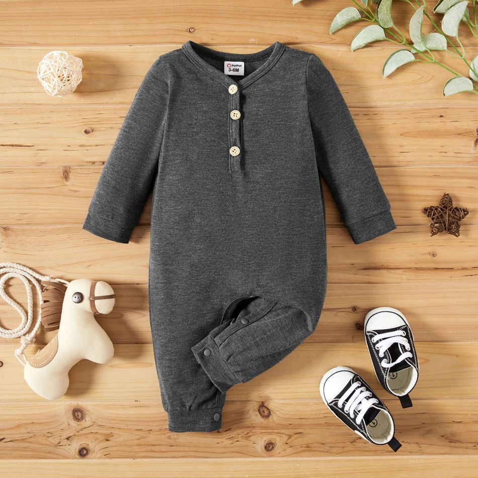 Baby Boy Solid/ Stripes Print Fleece Long-sleeve Jumpsuit One-Piece Coverall Dark Grey