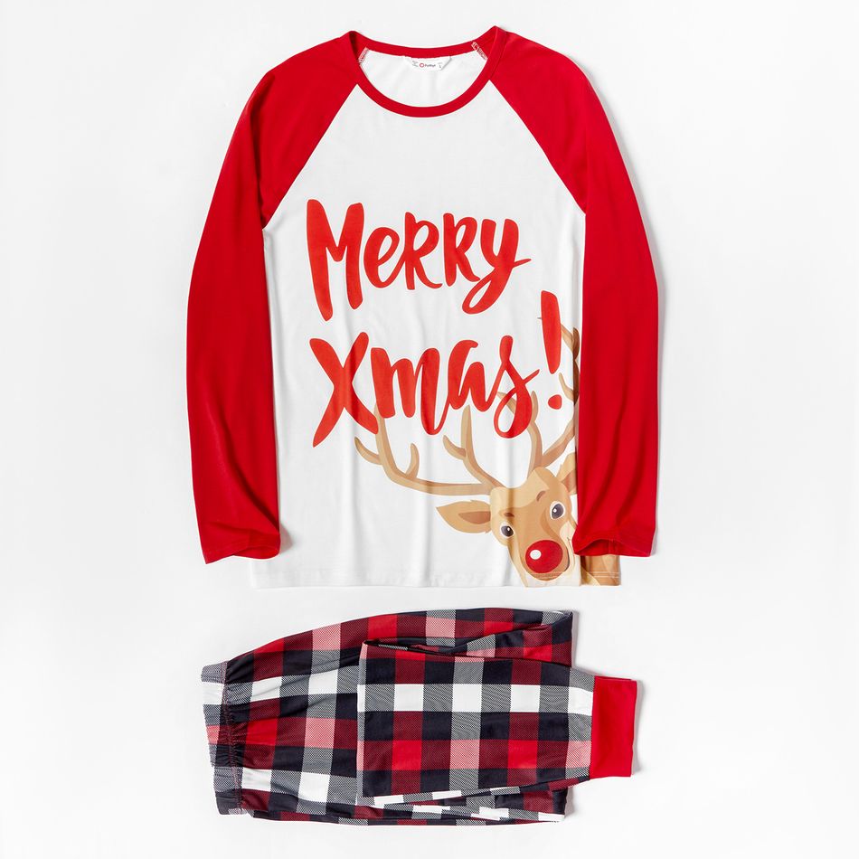Mosaic Christmas Merry Xmas and Reindeer Print Plaid Family Matching Pajamas Sets (Flame Resistant) Red big image 2