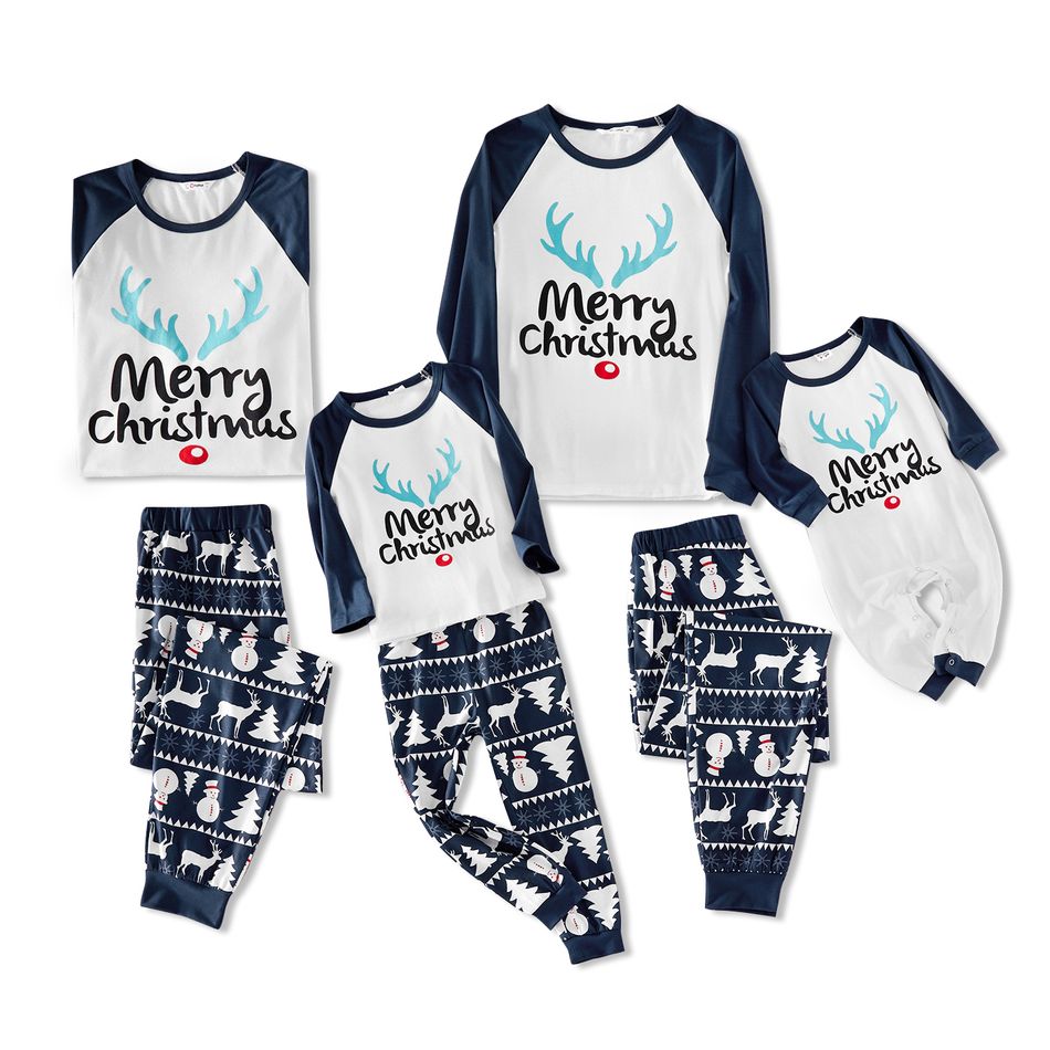 Christmas Antler Letter Top and Snowman Reindeer Print Pants Family Matching Pajamas Sets (Flame Resistant) Dark Blue big image 2
