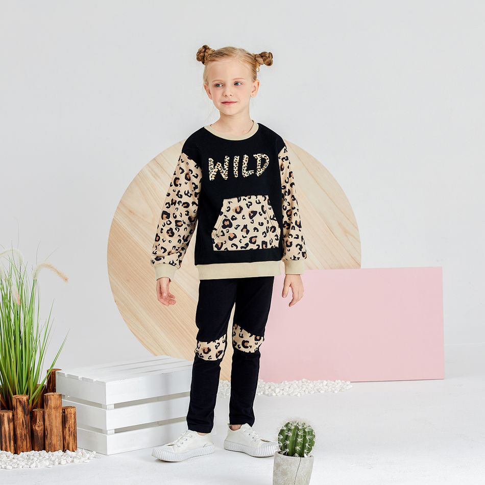 2-piece Kid Girl Letter Leopard Print Front-pocket Sweatshirt and Pants Set Khaki big image 5