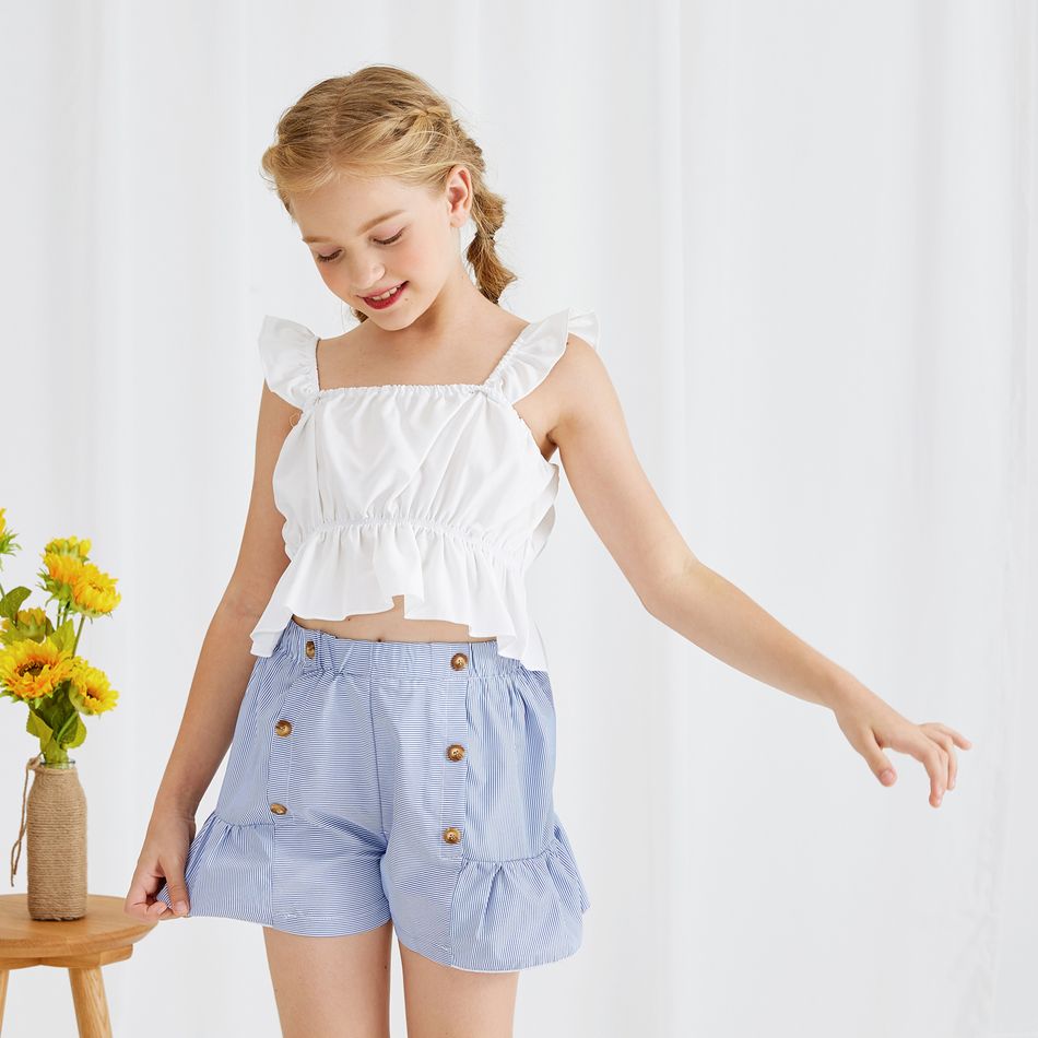 Beautiful Kid Girl 2-piece Flutter-sleeve Ruffled Stripe Print Shorts Suits White big image 8