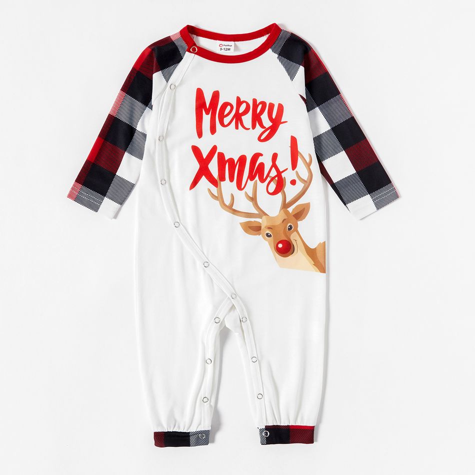 Mosaic Christmas Merry Xmas and Reindeer Print Plaid Family Matching Pajamas Sets (Flame Resistant) Red big image 8
