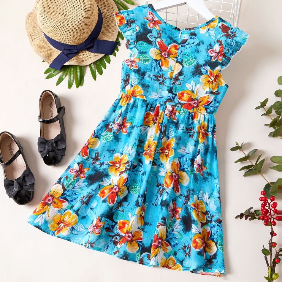 Beautiful Kid Girl Flutter-sleeve Floral Print Dress Turquoise big image 3