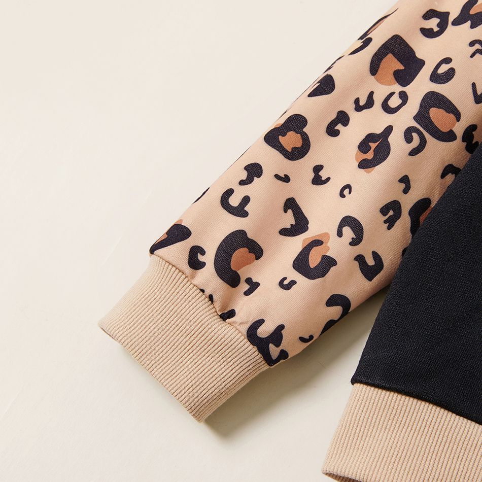 2-piece Kid Girl Letter Leopard Print Front-pocket Sweatshirt and Pants Set Khaki big image 3