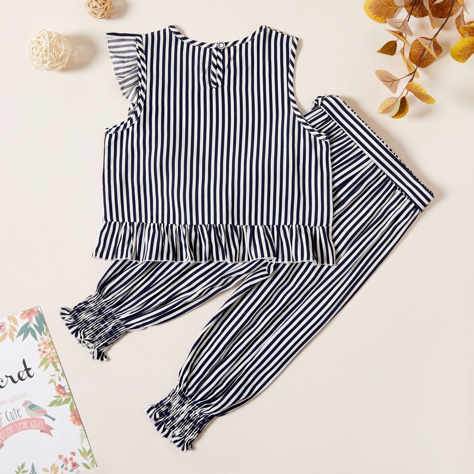 Kids Girl Striped Ruffled Tee and Strappy Pants Set Black big image 2