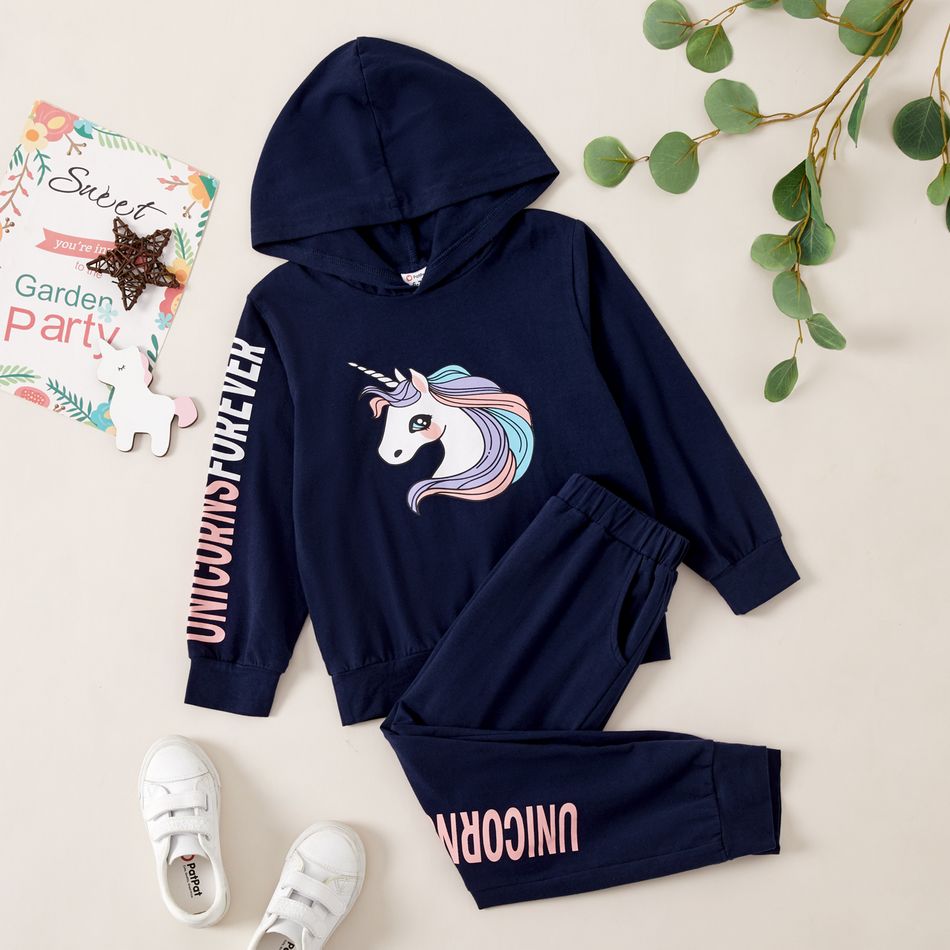 Unicorn Print Hooded Sweatshirt and Letter Pants Set for Toddlers/Kids Dark Blue
