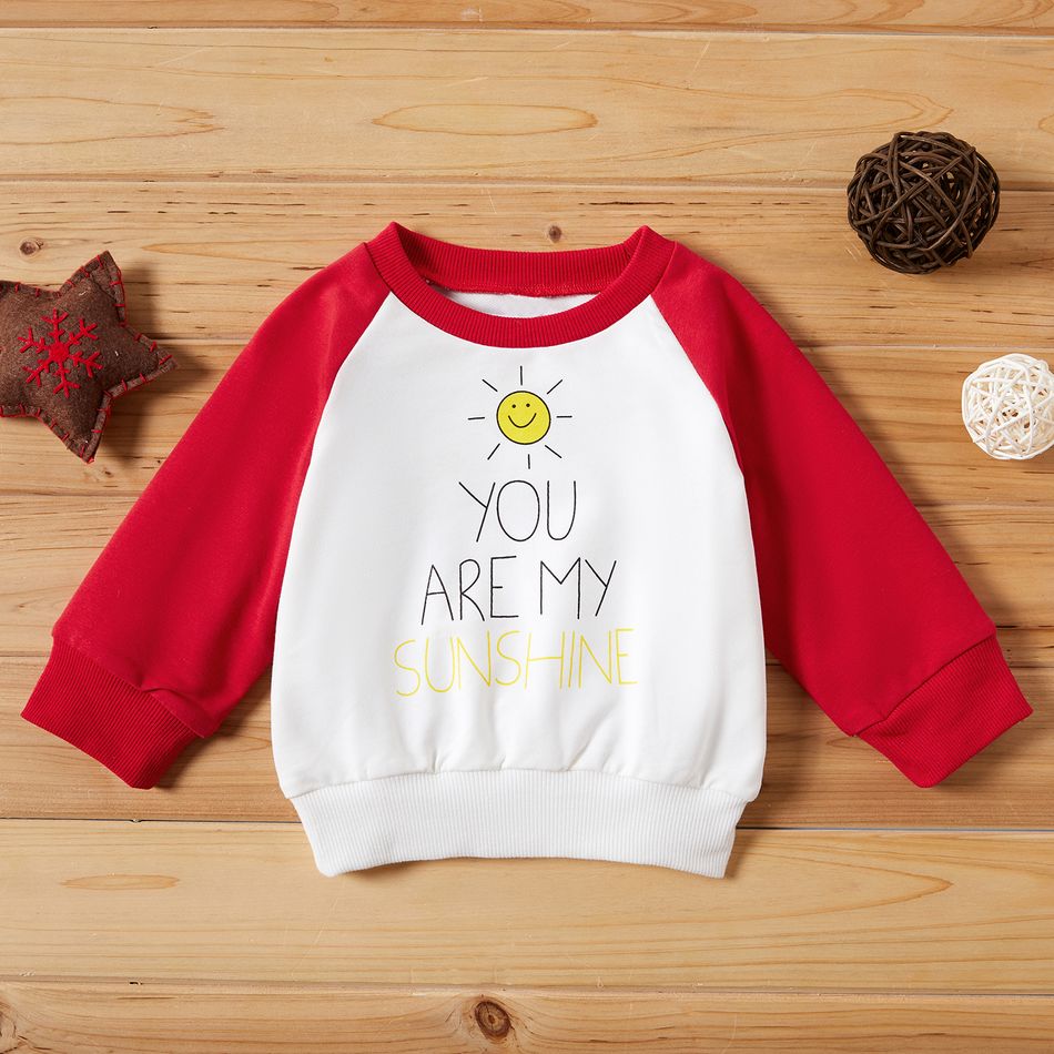 Letter and Sun Print Long-sleeve Red and White Baby Pullover Top White big image 1