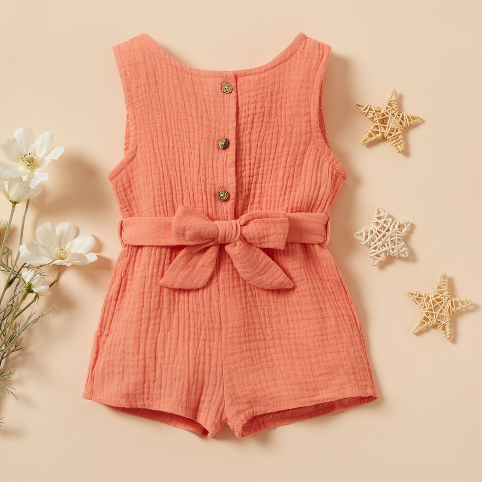 Baby Girl 95% Cotton Crepe Sleeveless Button Up Belted Romper Light Pink big image 1