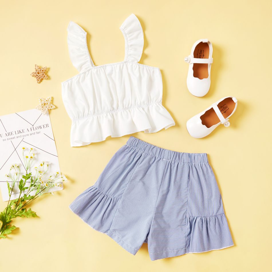 Beautiful Kid Girl 2-piece Flutter-sleeve Ruffled Stripe Print Shorts Suits White big image 2