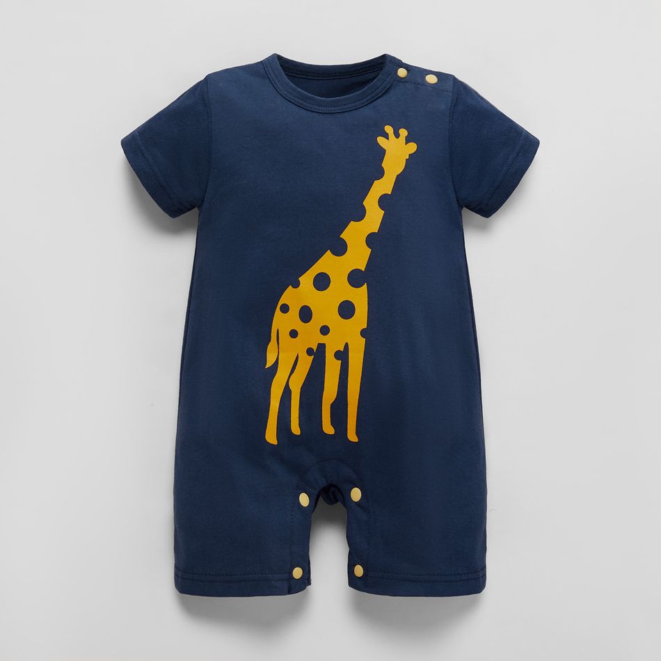 100% Cotton Giraffe Print Short-sleeve Navy Blue Baby Romper Dark Blue