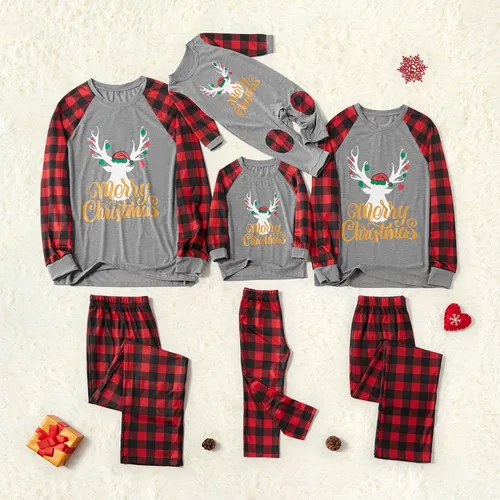 Merry Christmas Letter Antler Print Plaid Splice Matching Pajamas Sets for Family (Flame Resistant)