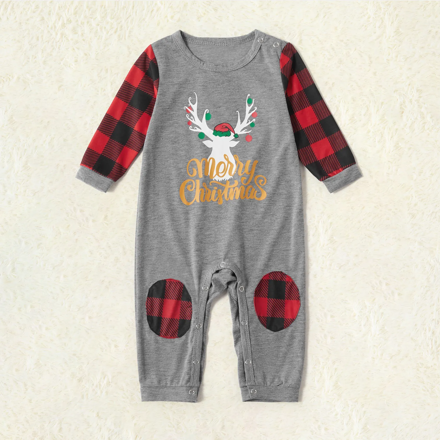 Merry Christmas Letter Antler Print Plaid Splice Matching Pajamas Sets for Family (Flame Resistant) Grey
