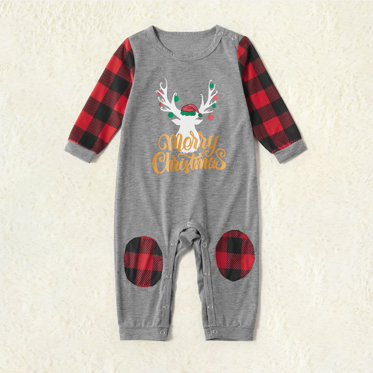 Merry Christmas Letter Antler Print Plaid Splice Matching Pajamas Sets for Family (Flame Resistant) Grey big image 1