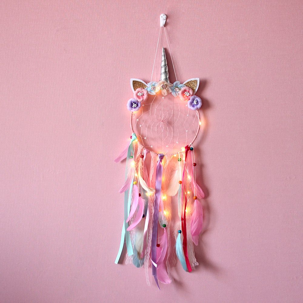 

Cute Colored Unicorn Dream Catchers Baby Kids Girls Nursery Room Decorations Hanging Dreamcatcher Including LED Light