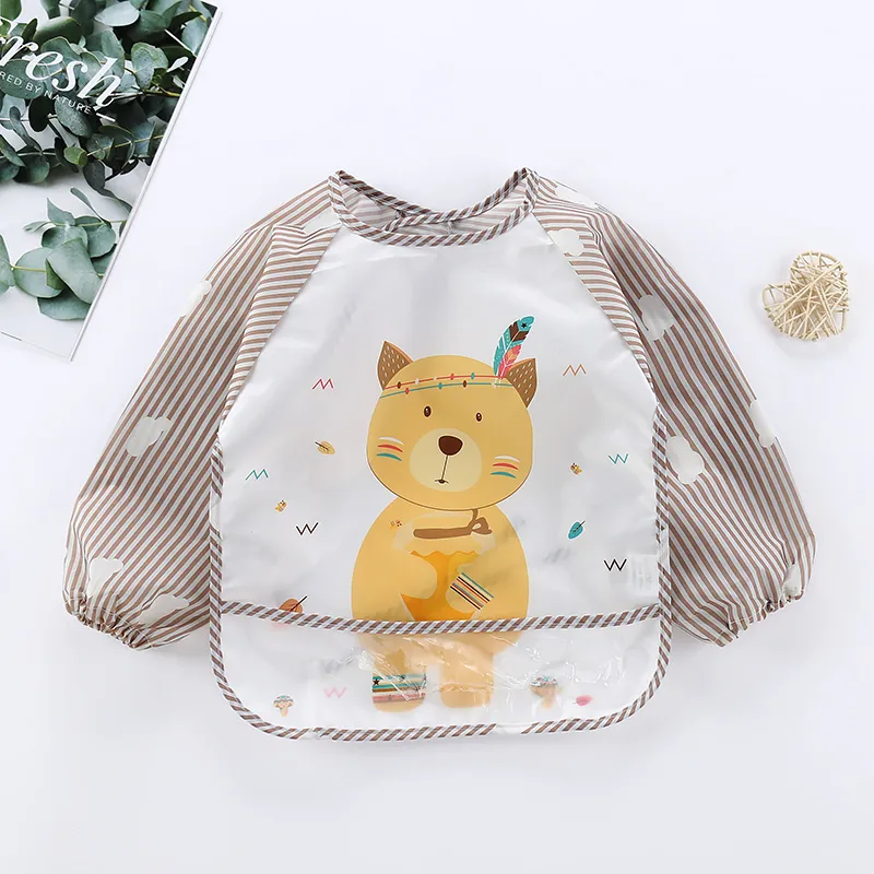 Baby Cartoon Animal Long Sleeve Bibs Waterproof Reversible Bandana Bibs Children Eating Drawing Apron Toddler Feeding Burp Cloth Brown