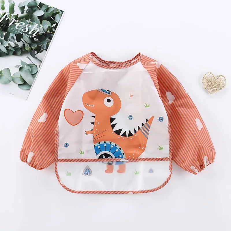 Baby Cartoon Animal Long Sleeve Bibs Waterproof Reversible Bandana Bibs Children Eating Drawing Apron Toddler Feeding Burp Cloth Orange