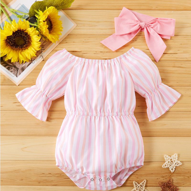 

Adorable Baby Girl 2pcs Stripes Print Flare-sleeve Jumpsuit with Headband