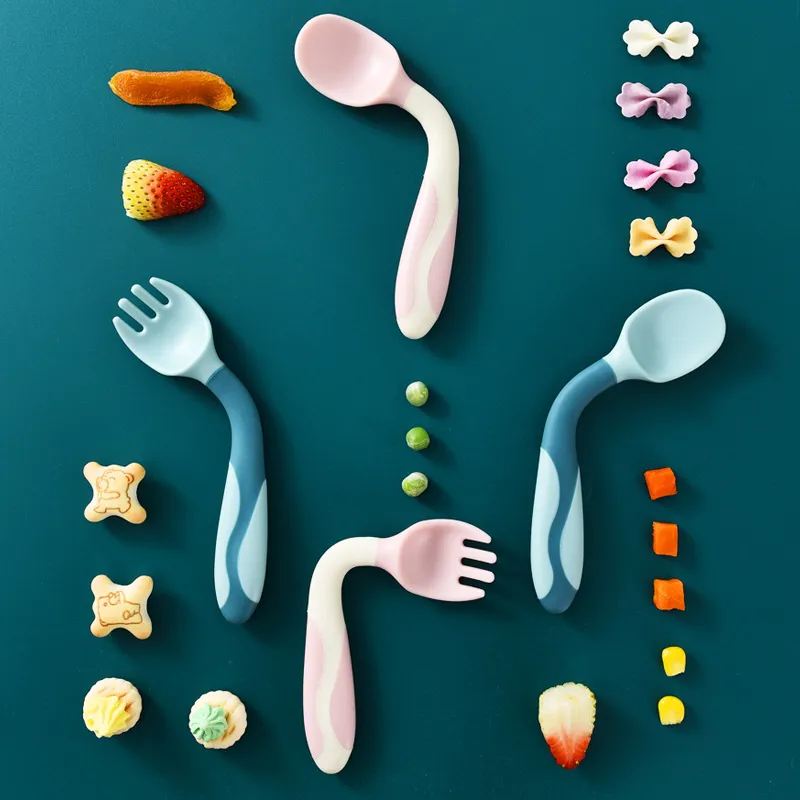 2-PCS Silicone Spoon for Baby Utensils Set Auxiliary Food Toddler Learn To Eat Training Bendable Soft Fork Infant Children Tableware Blue image 4