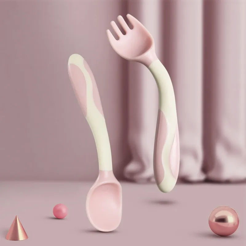 2PCS Silicone Spoon for Baby Utensils Set Auxiliary Food Toddler Learn To Eat Training Bendable Soft Fork Infant Children Tableware Pink big image 1