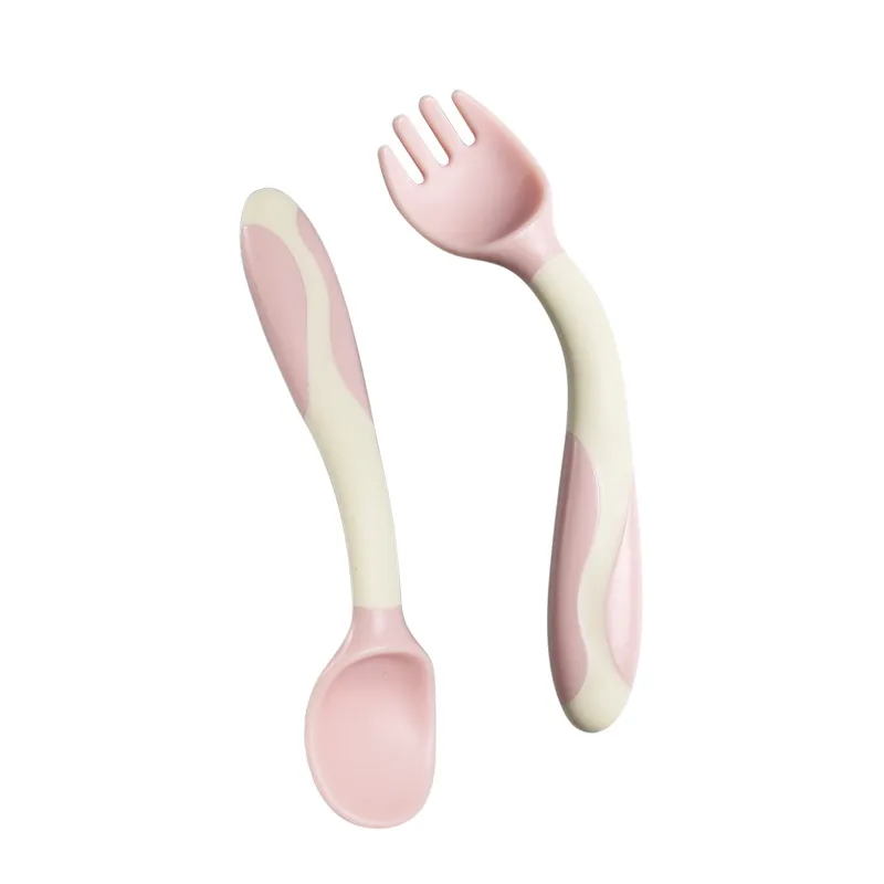 2-PCS Silicone Spoon for Baby Utensils Set Auxiliary Food Toddler Learn To Eat Training Bendable Soft Fork Infant Children Tableware Pink big image 1