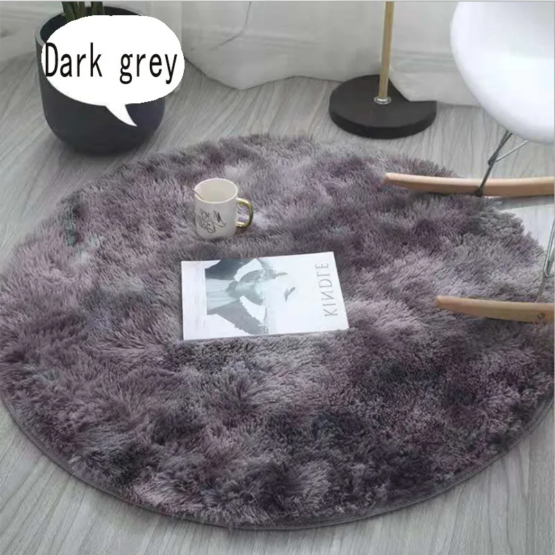 Nordic Tie-dye Gradient Round Carpet Chair Long Hair Bedroom Rug Home Living Room Bedside Mat Computer Entrance Hall Non-slip Dark Grey