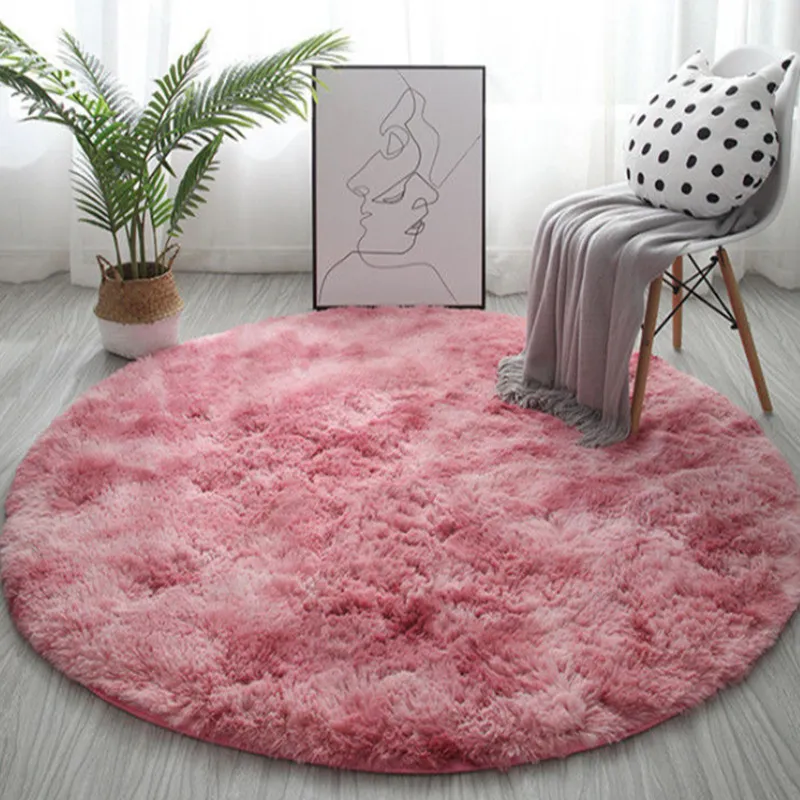 Nordic Tie-dye Gradient Round Carpet Chair Long Hair Bedroom Rug Home Living Room Bedside Mat Computer Entrance Hall Non-slip Dark Pink