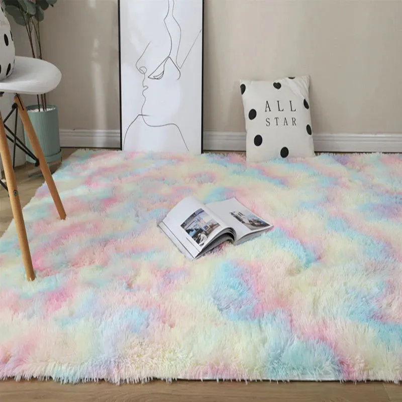 彩虹顏色長髮帶染色地毯凸窗牀頭墊柔軟區域地毯毛茸茸的毯子漸變色客廳地毯