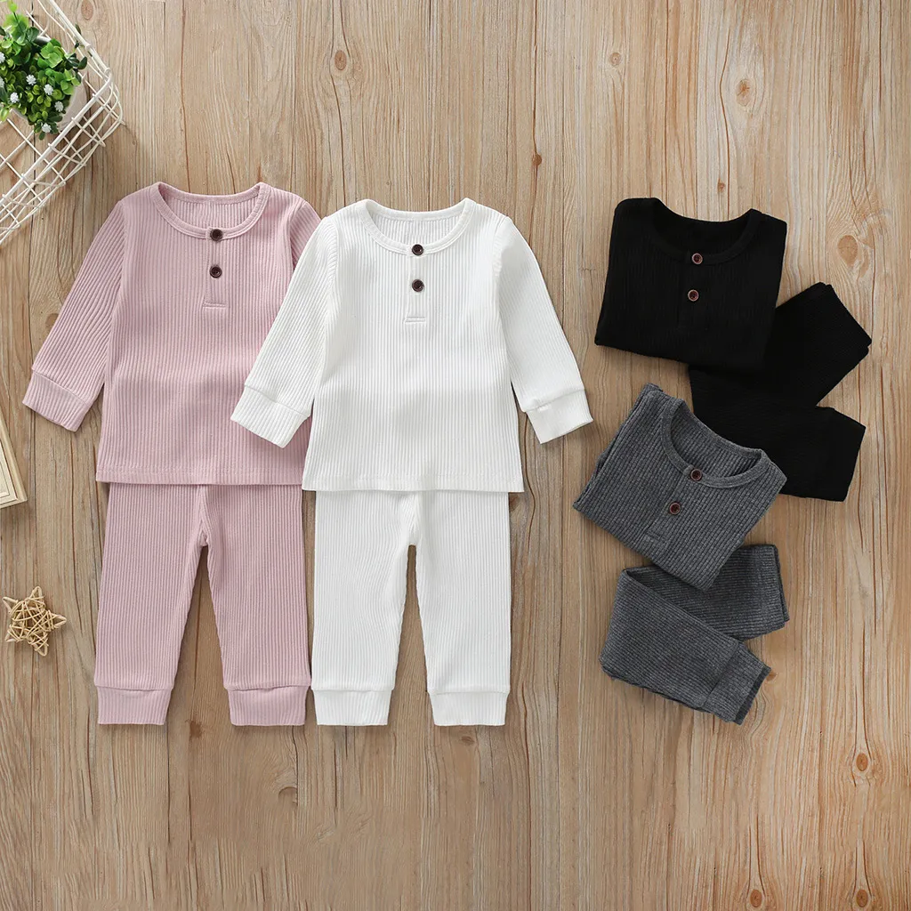 2pcs Baby Boy/Girl 95% Cotton Ribbed Long-sleeve Button Up Top and Pants Set White big image 1