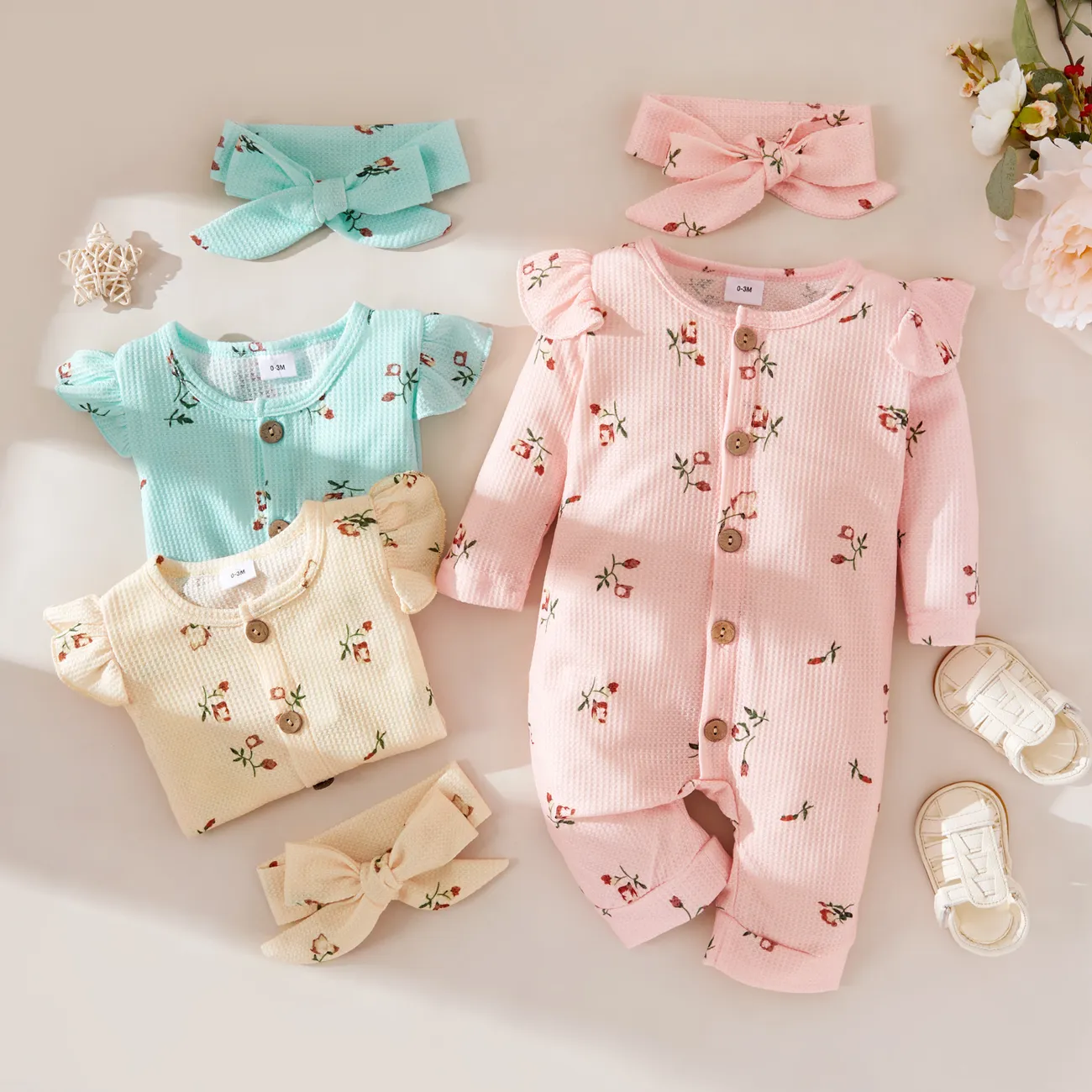 2pcs Baby Girl 95% Cotton Long-sleeve Floral Print Ruffle Button Up Waffle Jumpsuit with Headband Set Pink big image 1