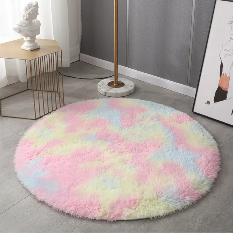 Nordic Tie-dye Gradient Round Carpet Chair Long Hair Bedroom Rug Home Living Room Bedside Mat Computer Entrance Hall Non-slip Multi-color image 2