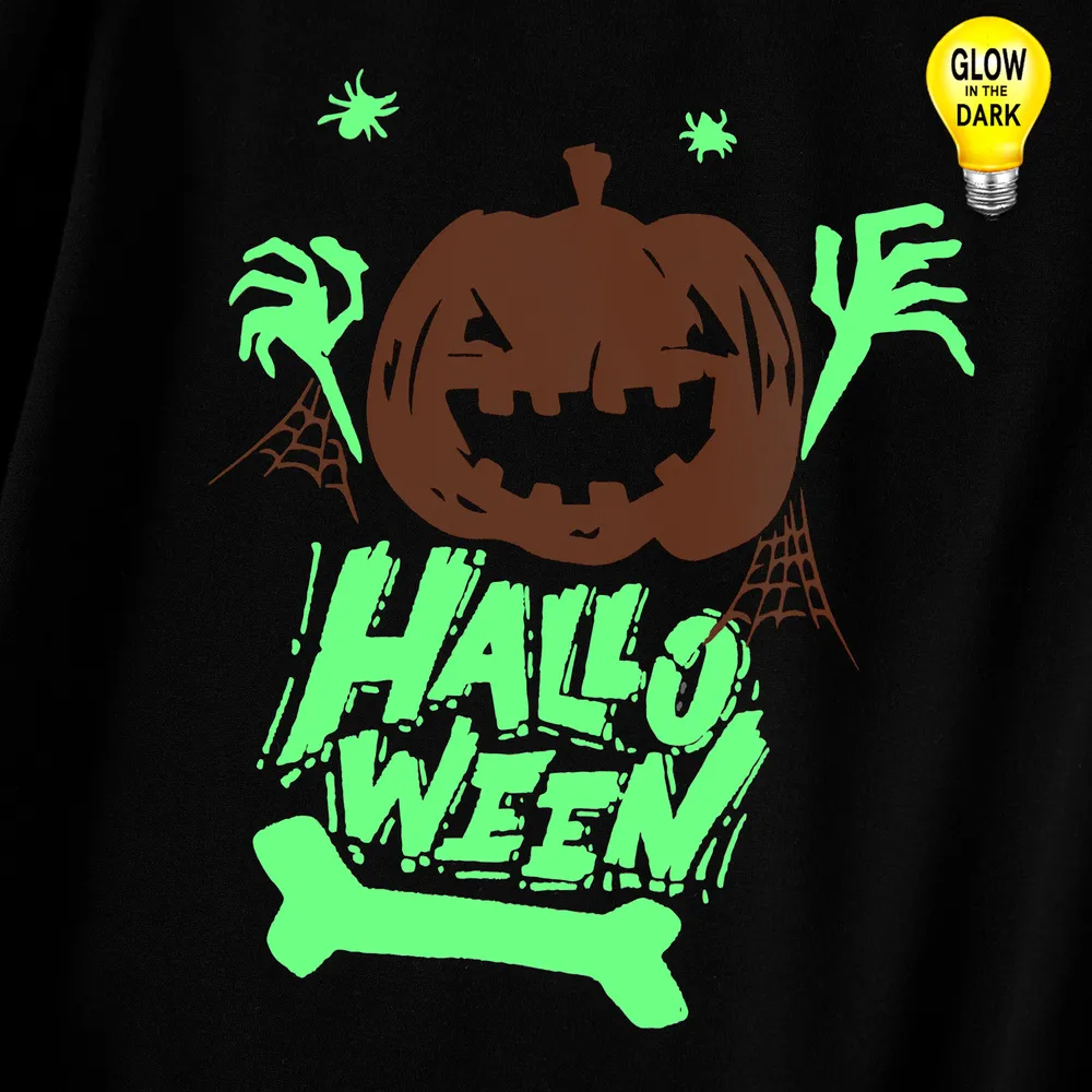 Family Matching Halloween Pumpkin and Glow In The Dark Letter Print Black Long-sleeve Sweatshirts big image 4