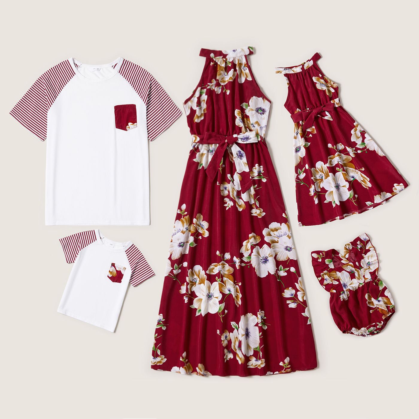 

Floral Print Family Matching Sets（ Halter Neck Design Dresses for Mom and Girl; Raglan Sleeve T-shirts for Dad and Boy）
