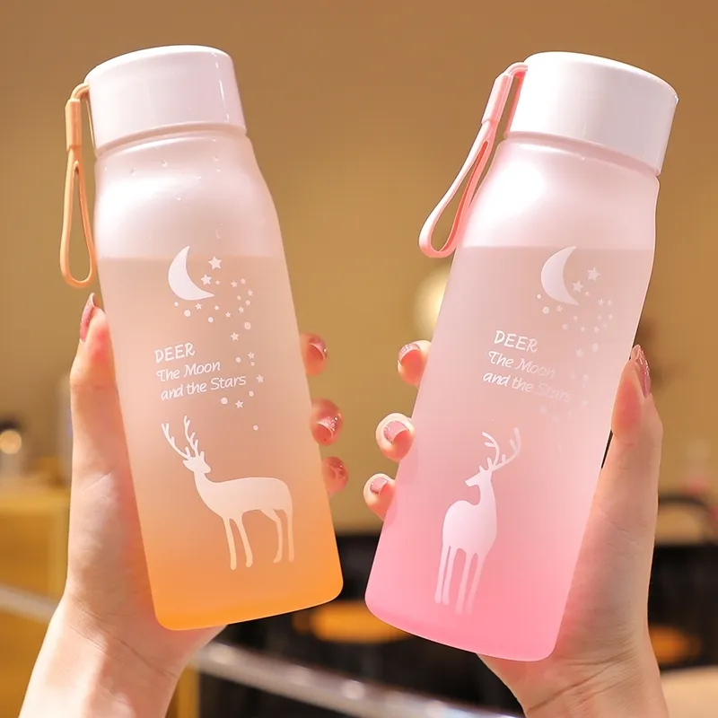 Fantasy elk gradient color frosted space cup with rope outdoor portable water cup cute plastic water bottle with drop resistance (The printing pattern is random) Light Pink image 4