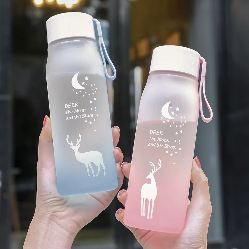 Fantasy elk gradient color frosted space cup with rope outdoor portable water cup cute plastic water bottle with drop resistance (The printing pattern is random) Light Pink image 5