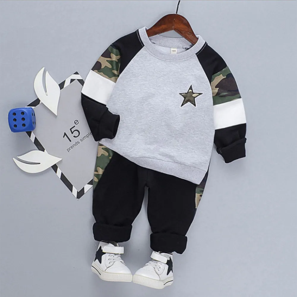 2-piece Toddler Boy 100% Cotton Star Camouflage Print Raglan Sleeve Pullover and Black Pants Set  big image 1