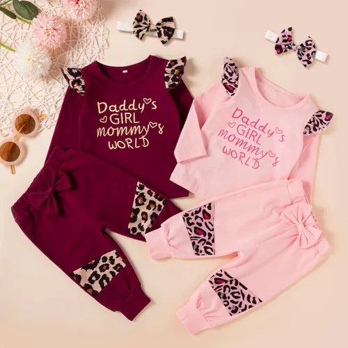 3pcs Baby Girl Letter Print Leopard Splice Long-sleeve T-shirt and Trousers Set