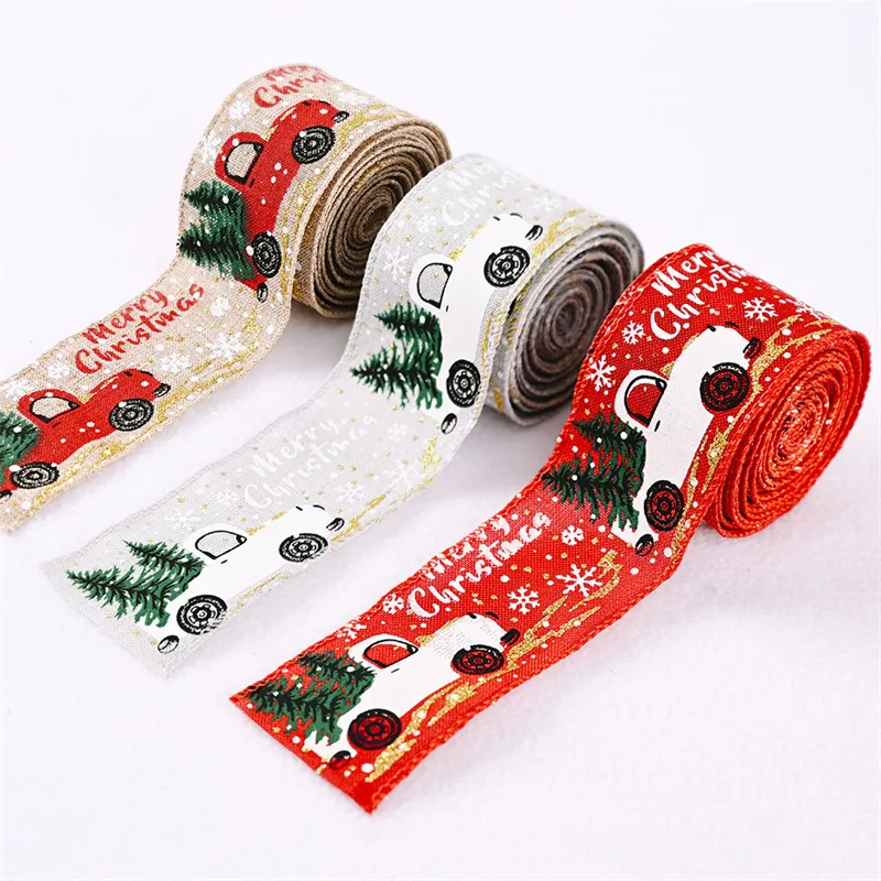 Christmas Decorations Colorful Car Printing Ribbon Christmas Tree Decoration Party Arrangement Gift Wrapping Ribbon  big image 1