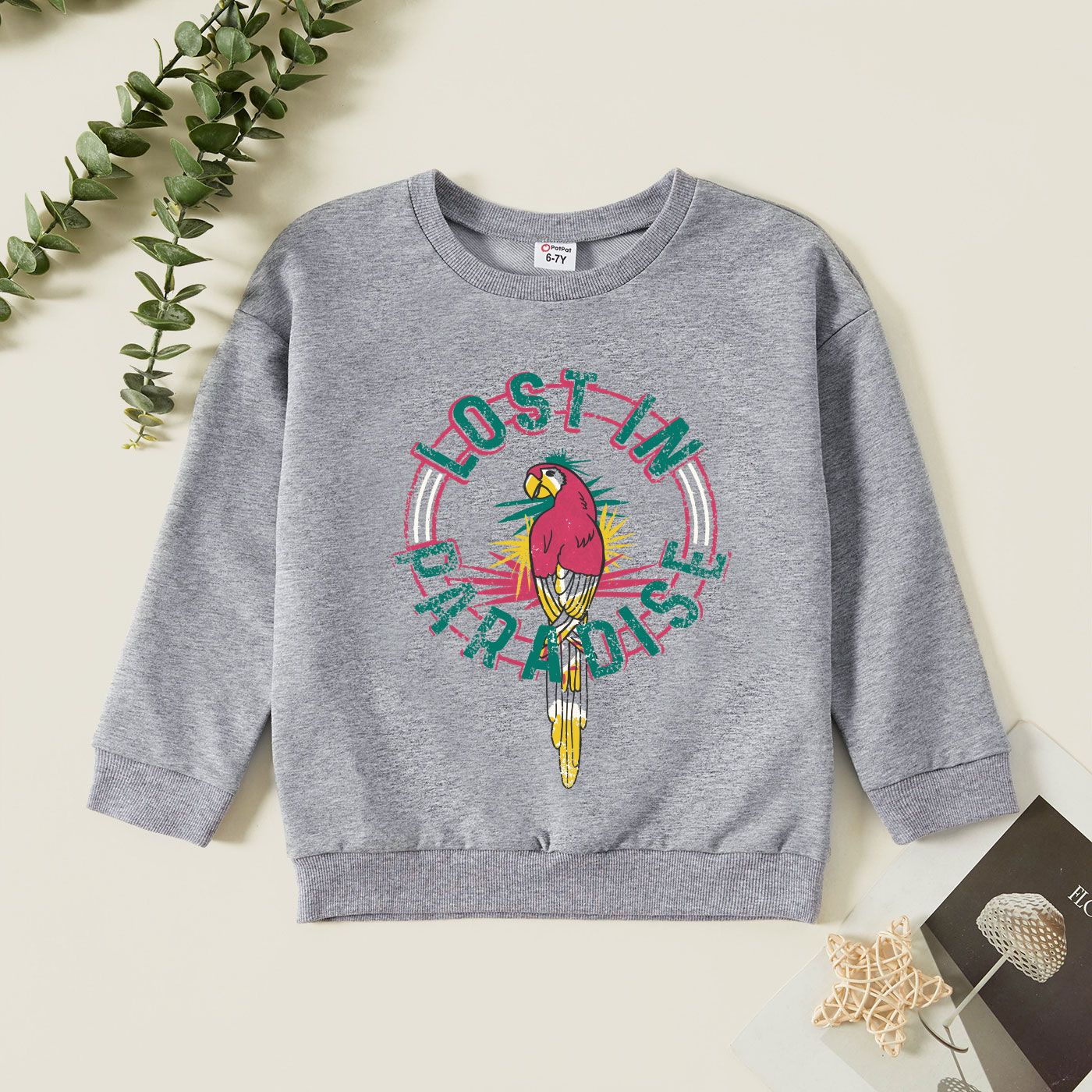Kids Graphic Letter And Parrot Print Long-sleeve Pullover