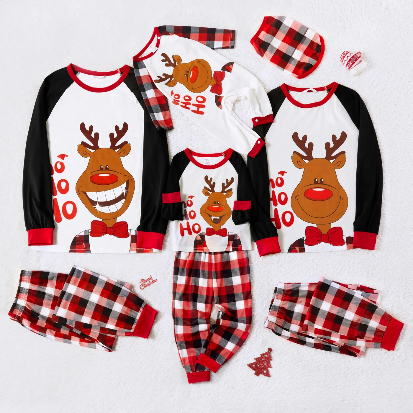 Christmas Reindeer and Letter Print Family Matching Raglan Long-sleeve Plaid Pajamas Sets (Flame Res