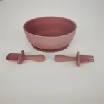Juego de alimentación con placa de succión de silicona de color sólido para bebé con cuchara de autoalimentación, tenedor, juego de utensilios para recién nacidos para autoentrenamiento Rosa oscuro