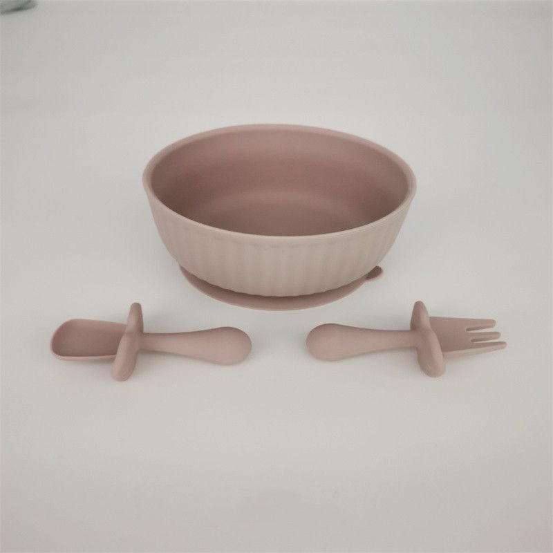 Baby Solid Color Silicone Suction Plate Feeding Set with Self-Feeding Spoon Fork Infant Newborn Uten