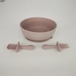 Saugplatten-Fütterungsset aus einfarbigem Silikon für Babys mit selbstfütterndem Löffel, Gabel, Säuglings-Utensilien-Set für Neugeborene zum Selbsttraining Hell rosa