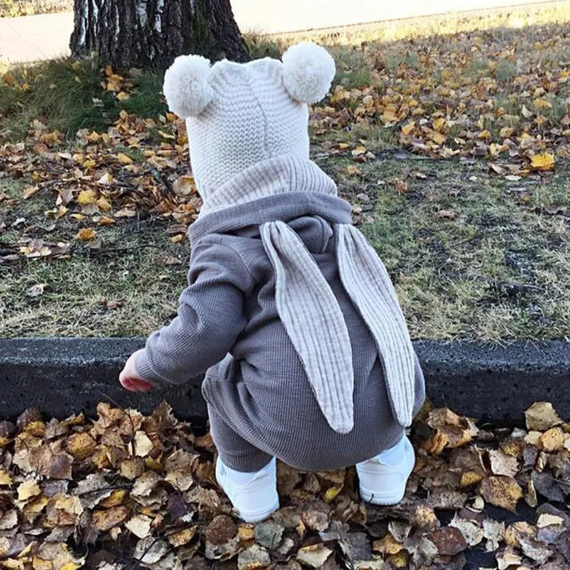Solid Hooded 3D Bunny Ear Decor Long-sleeve White or Pink or Blue or Grey Baby Jumpsuit Grey big image 1