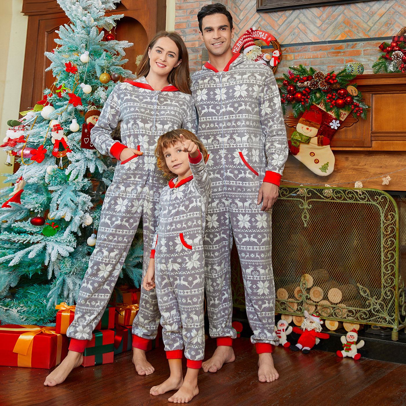 

Christmas Allover Print Light Grey Family Matching Thickened Polar Fleece Long-sleeve Onesies Pajamas Sets (Flame Resistant)