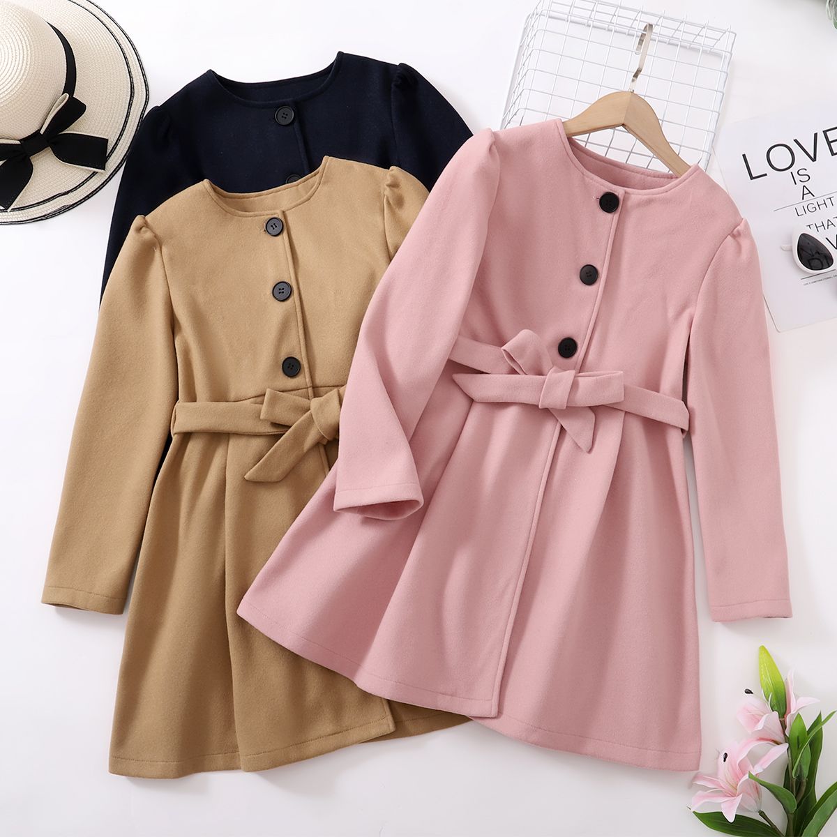 

Kid Girl Solid Color Button Design Belted Trench Coat