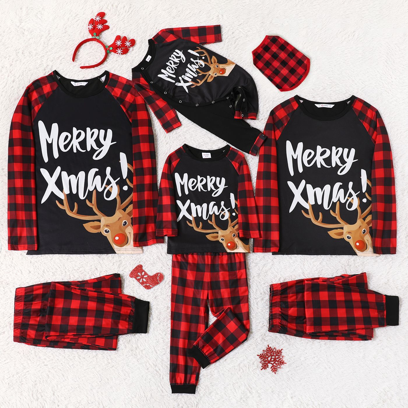 

Mosaic Family Matching ' Merry Xmas ' Reindeer Print Plaid Christmas Pajamas Sets（Flame Resistant）