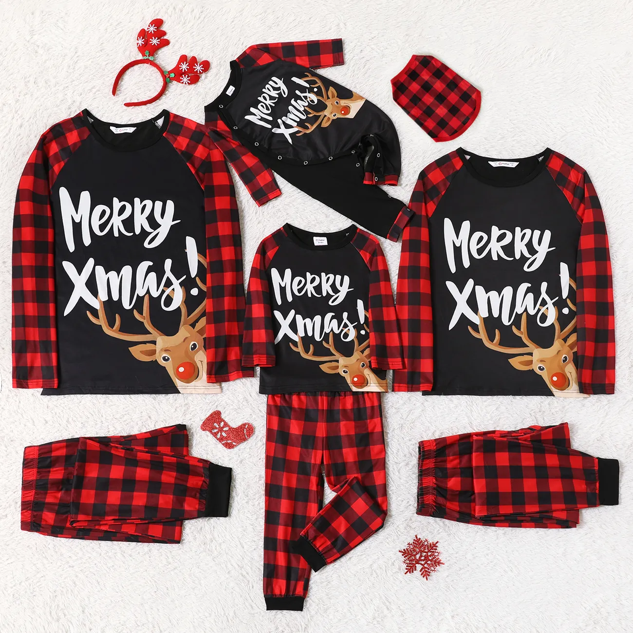 Mosaic Family Matching ' Merry Xmas ' Reindeer Print Plaid Christmas Pajamas Sets（Flame Resistant） Black big image 1